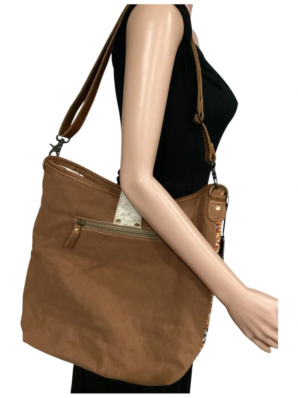 Myra Bag Leather Hide Woven Canvas Shoulder Bag Orange Embers Upcycled
